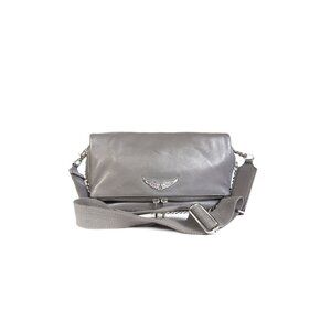 Zadig & Voltaire Rocky Bag Gray Grained Leather Fold Over Crossbody Messenger.